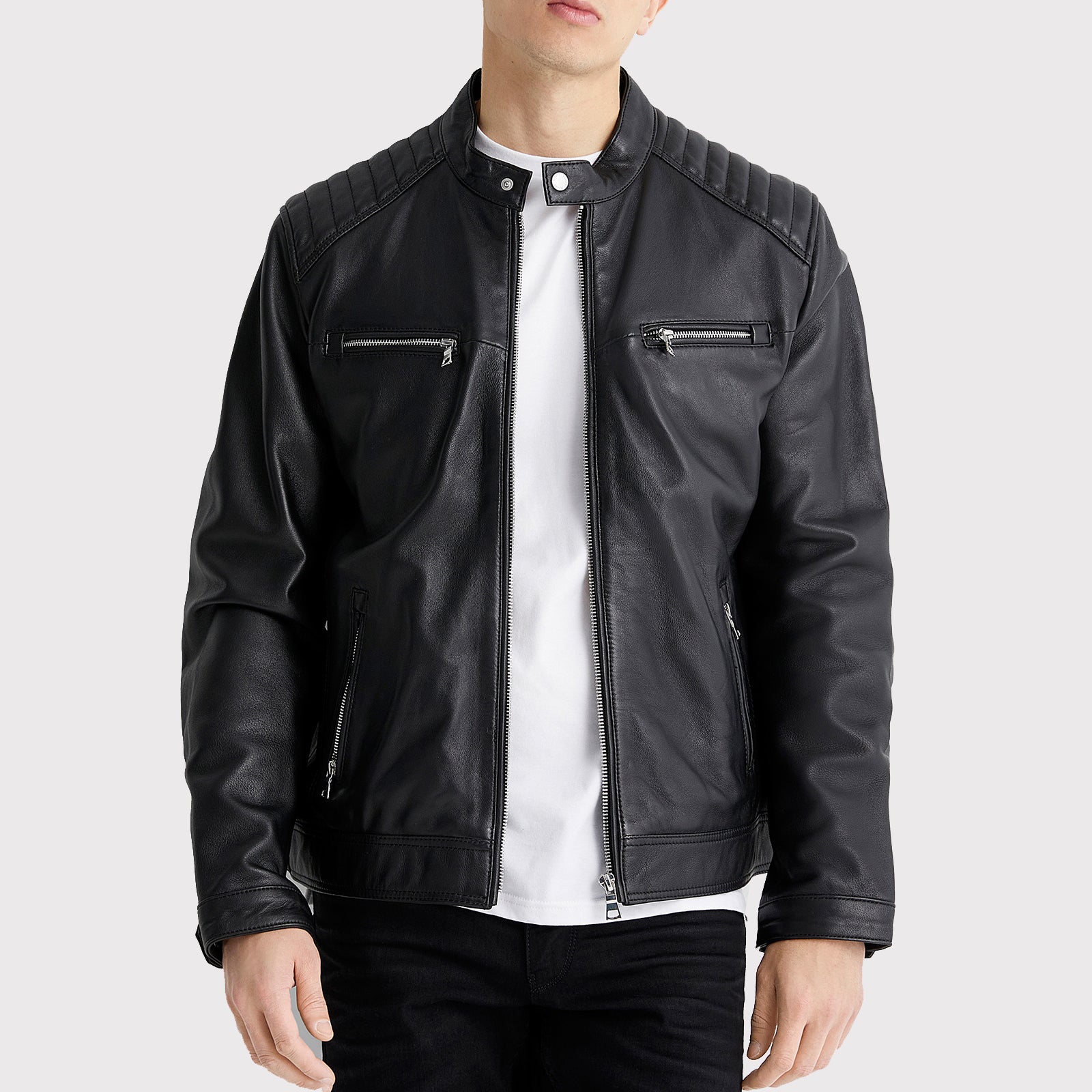 Mens Top Stitched Black Biker Jacket - Black Leather Jacket
