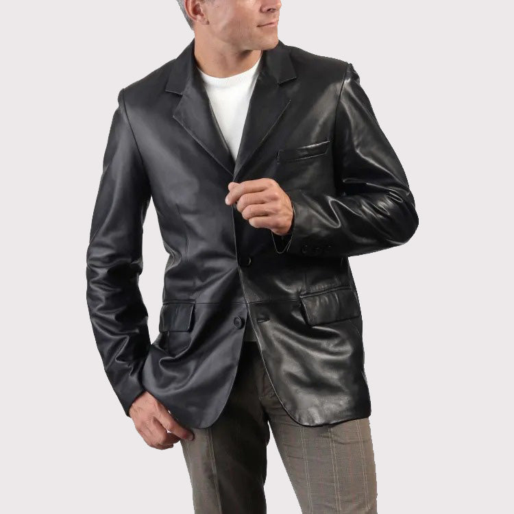 Trendy Black Leather Blazer for Men