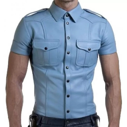 Men's Genuine Blue Leather Shirt - Very Hot Men's Very Hot Genuine Blue Leather Shirt