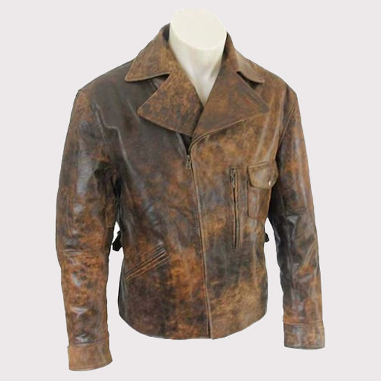 Men's Vintage 70s Biker Style Leather Jacket Genuine Cowhide Distressed Brown