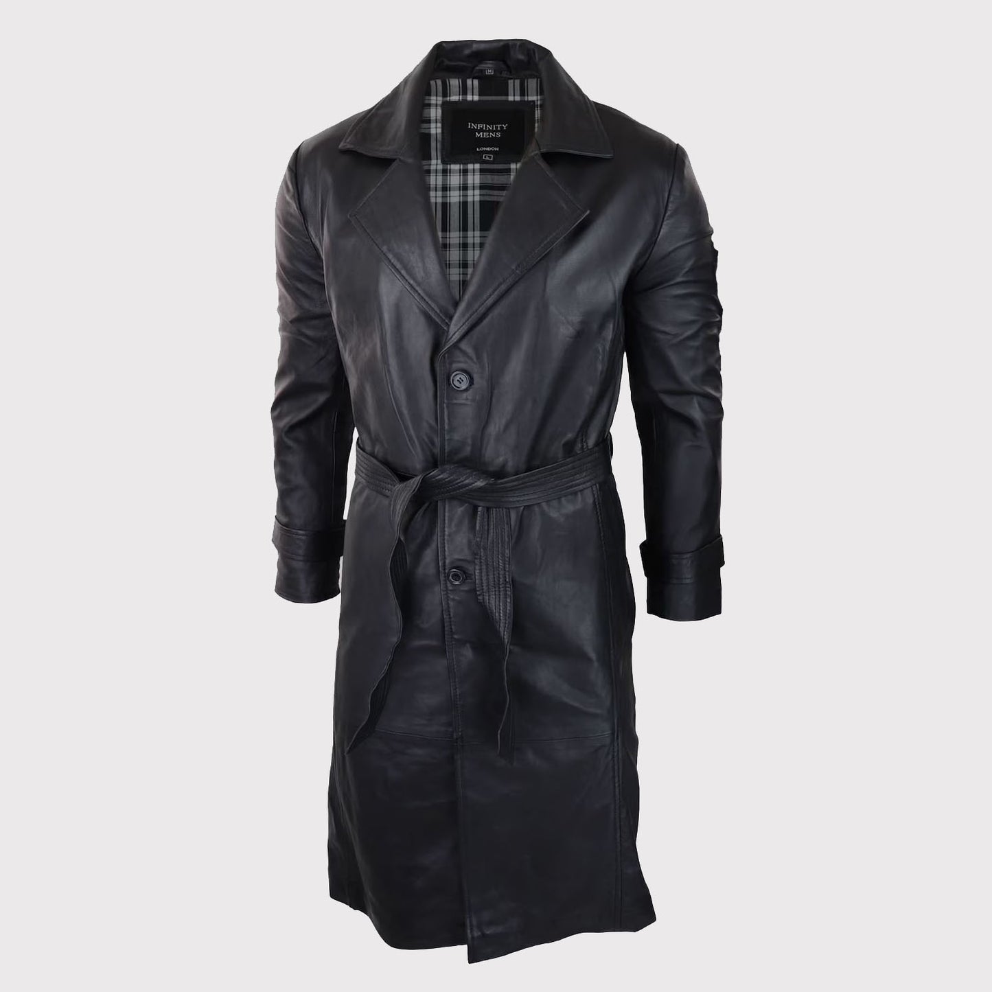 Men's Vintage 80s Style Black Long Leather Belted Punk Jacket Coat