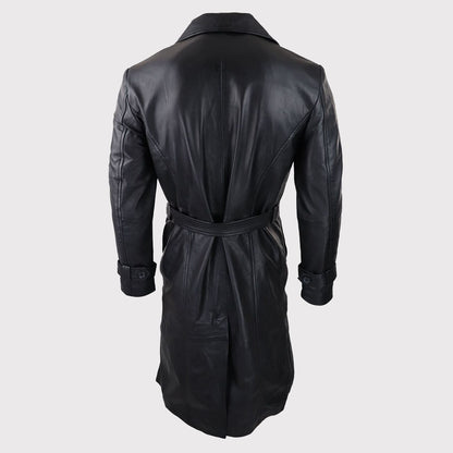 Men's Vintage 80s Style Black Long Leather Belted Punk Jacket Coat