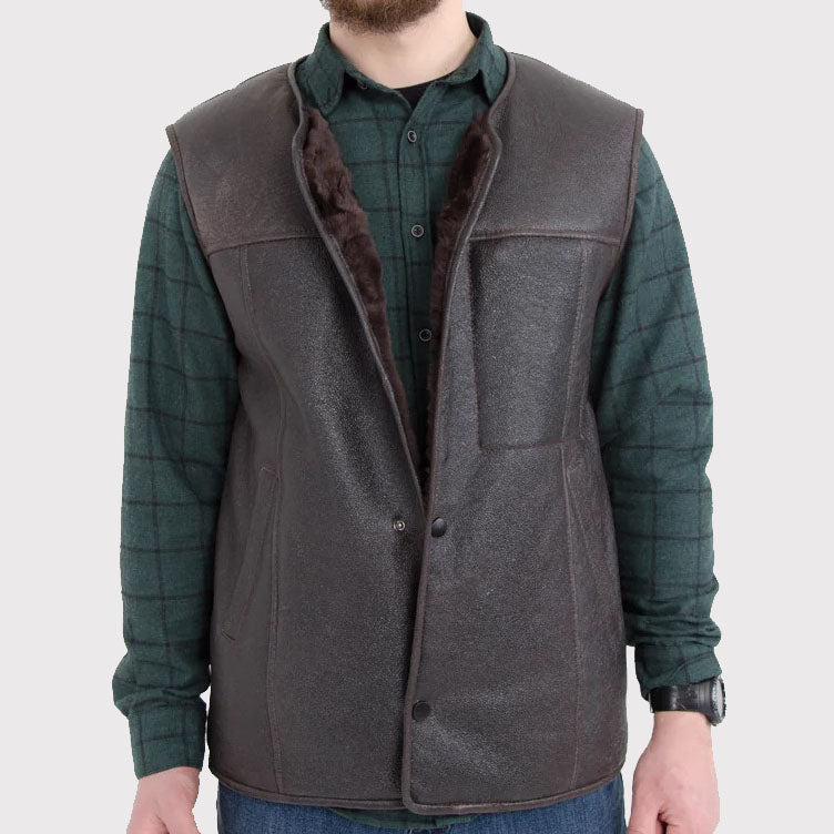 Men's Western Sheepskin Vest with Secret Zip Front Pocket