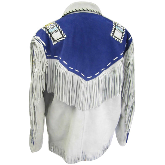 Men's White and Blue Suede Leather Cowboy Coat with Fringed and Beaded Jacket