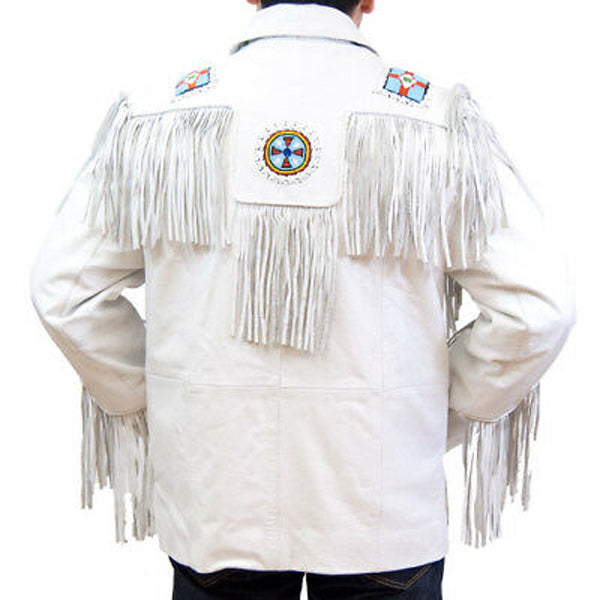 Men's White Suede Leather Jacket with Fringed Cowboy and Eagle Beaded Design