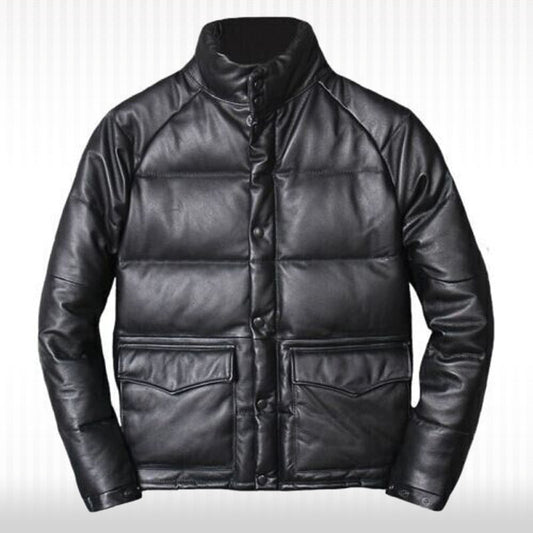Men's Winter Warm Puffer Leather Jacket - Real Lambskin Men's Winter Warm Puffer Leather Jacket - Real Lambskin