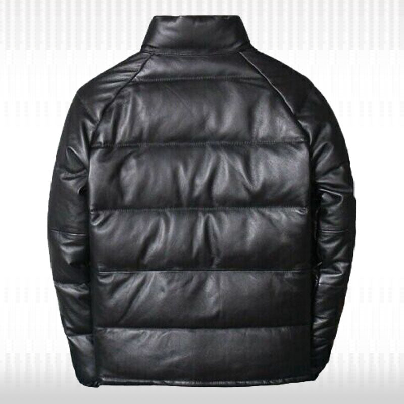 Men's Winter Warm Puffer Leather Jacket - Real Lambskin