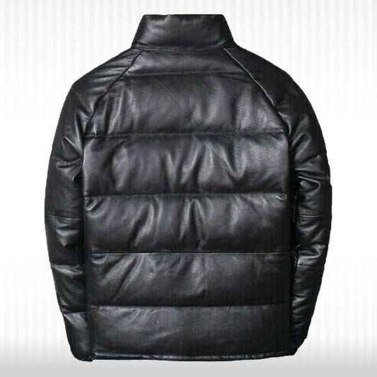 Men's Winter Warm Puffer Leather Jacket - Real Lambskin