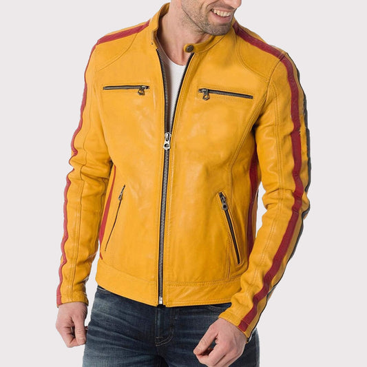 Men's Yellow Leather Motorcycle Jacket - Ride in Style! Yellow Leather Motorcycle Jacket