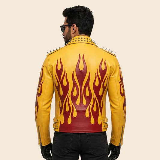 yellow cowhide gothic punk biker jacket with metal studs