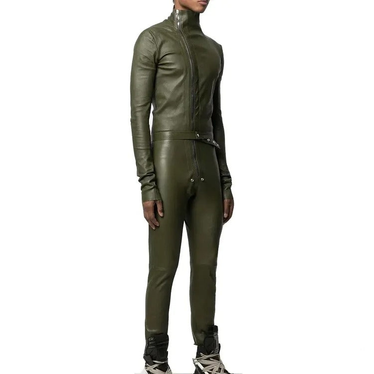 Men's Zipper Leather Jumpsuit - Edgy and Functional