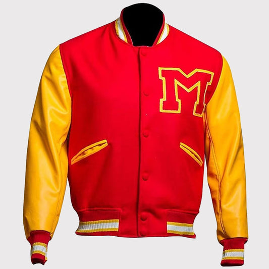 MJ Michael Jackson Thriller Varsity Bomber Jacket - Red M Logo MJ Michael Jackson Thriller Varsity Jacket