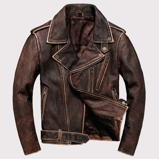 Distressed Brown Leather Motorcycle Jacket