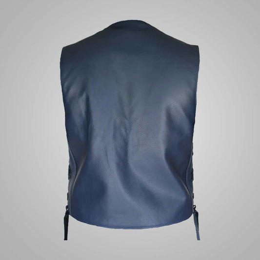 Navy Blue Men’s Leather Vest - V-Neck Style for Casual Wear