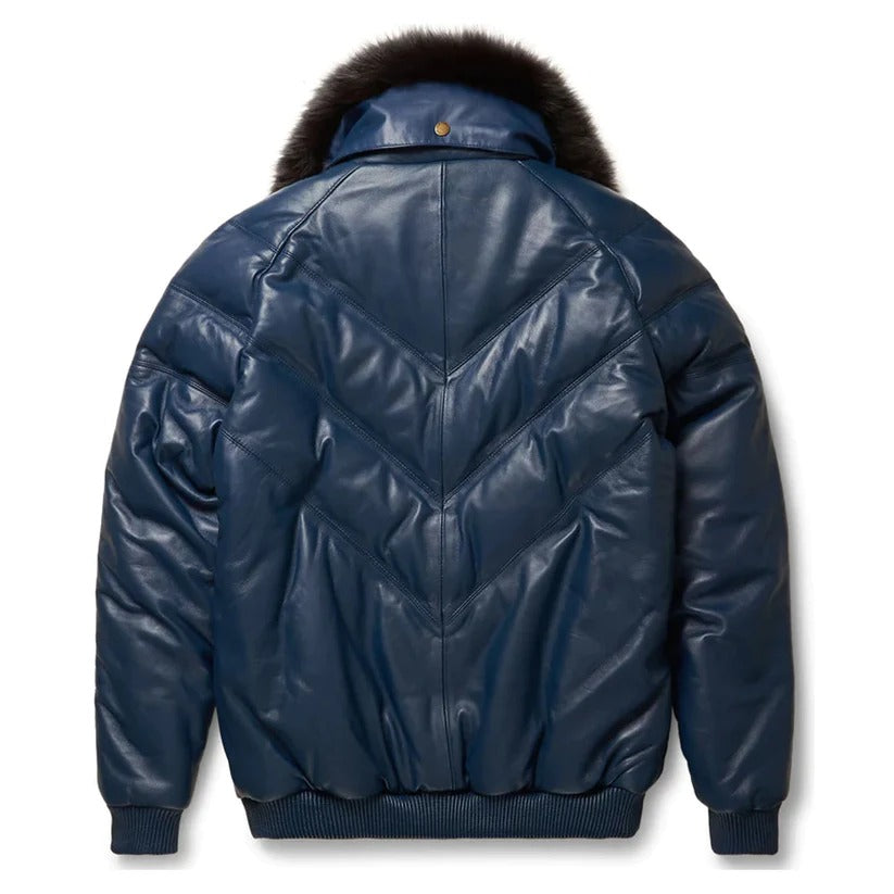 Navy Blue Shearling Collar V-Bomber Jacket