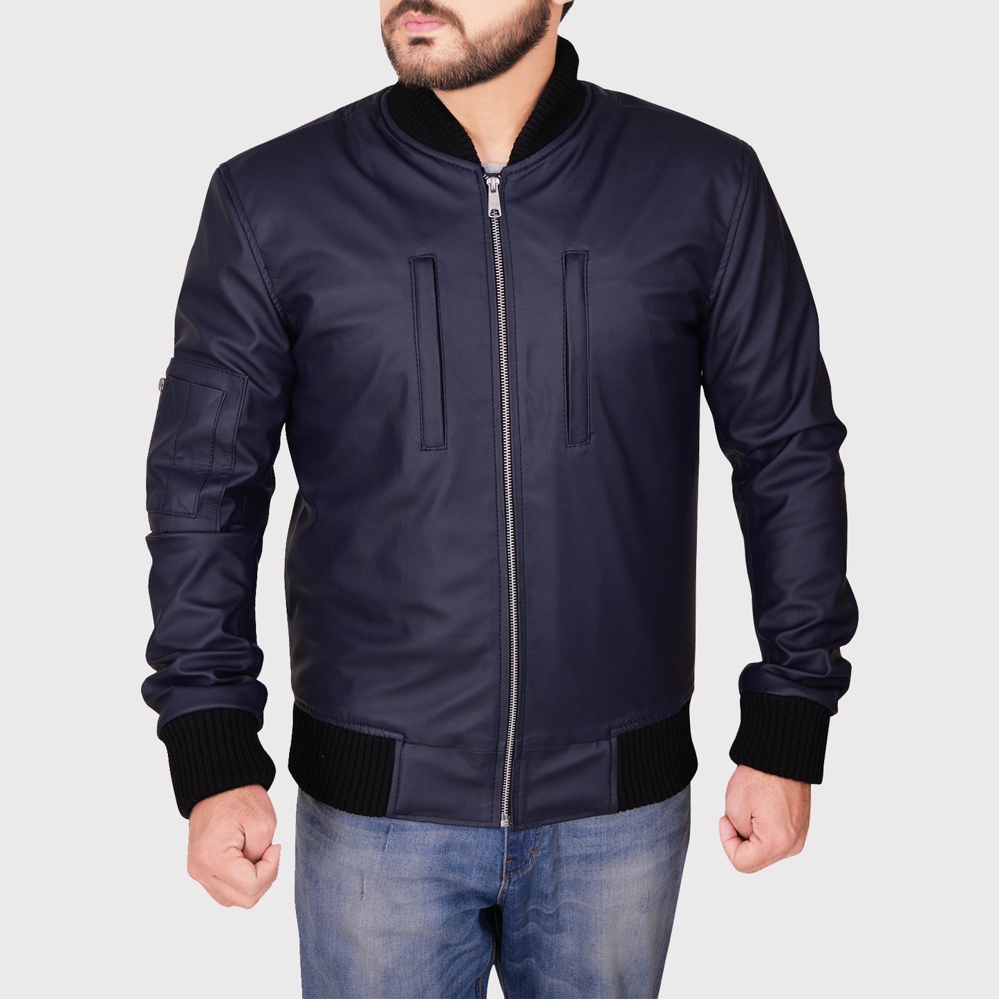 Navy Blue Varsity Leather Jacket - Stylish Outerwear