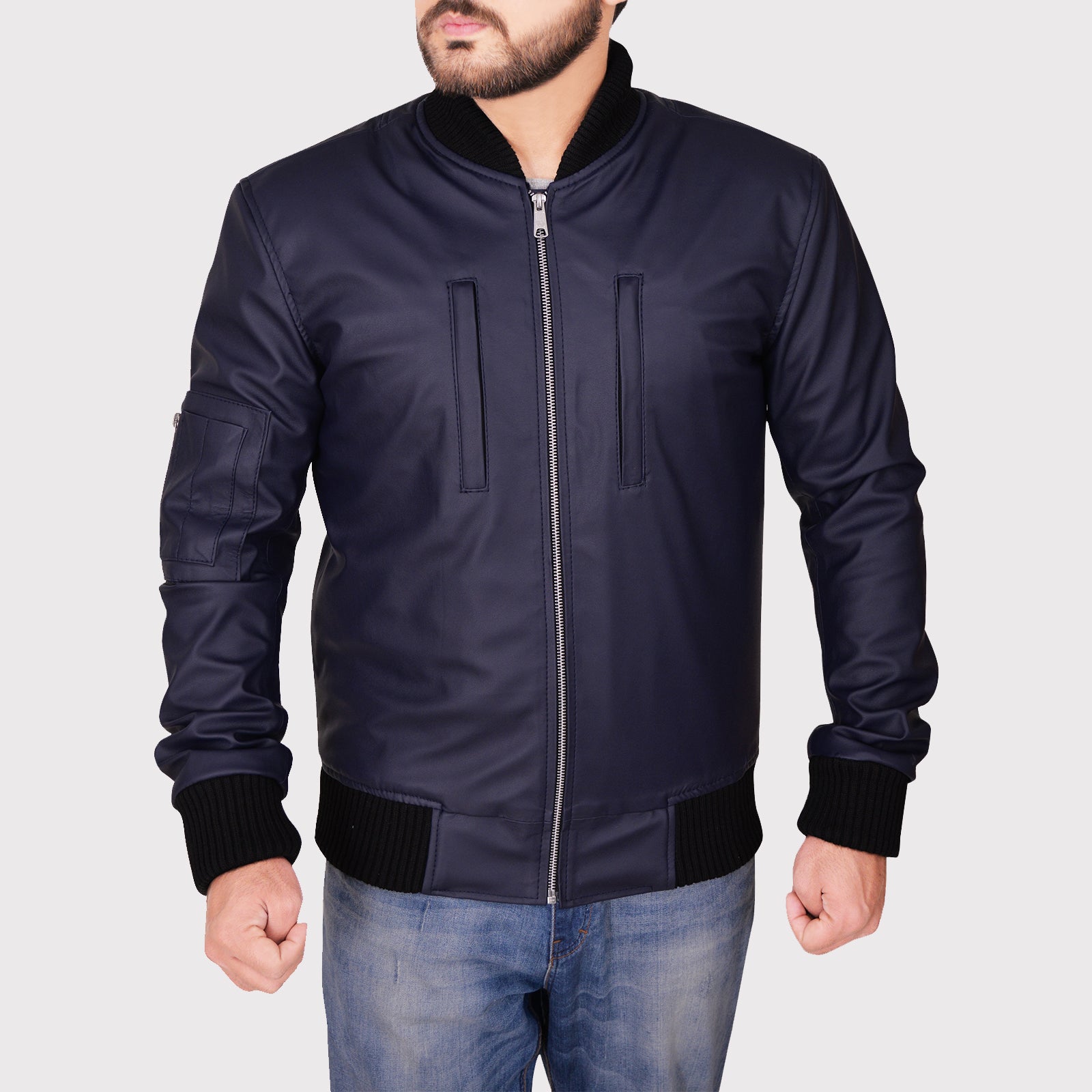 Navy Blue Varsity Leather Jacket - Stylish Outerwear