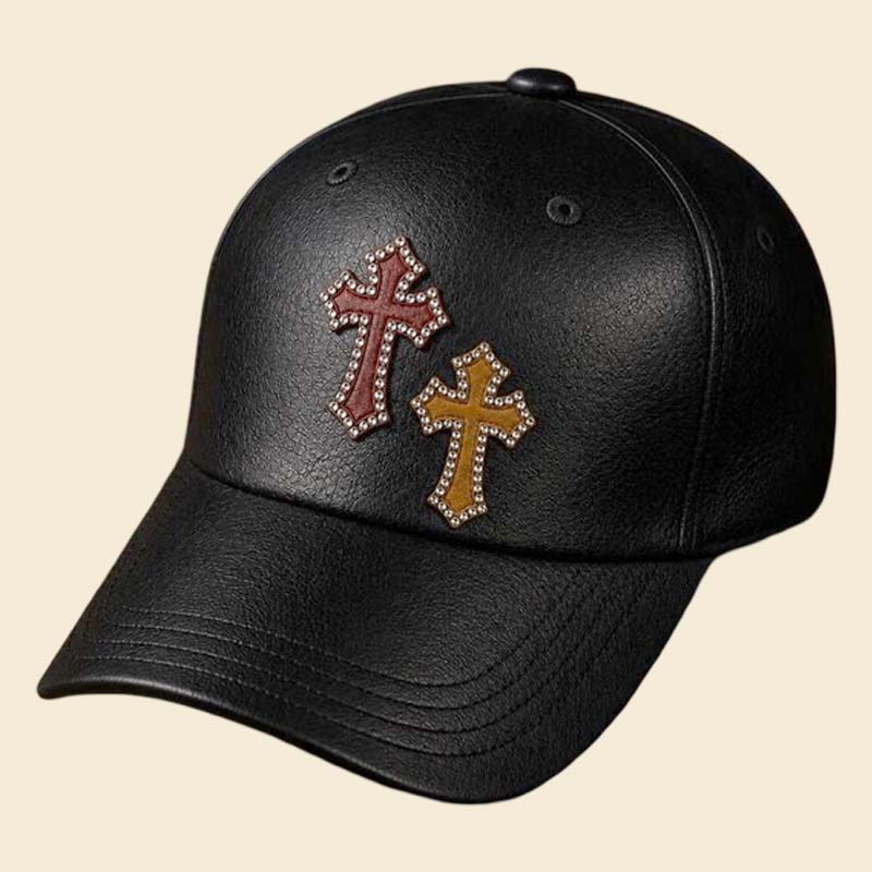 New black leather gothic snapback cap with studded cross patch by Jackets Kingdom