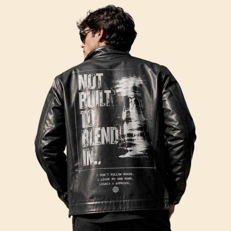 Men Black Graphic Leather Biker Jacket with Distressed Back Print