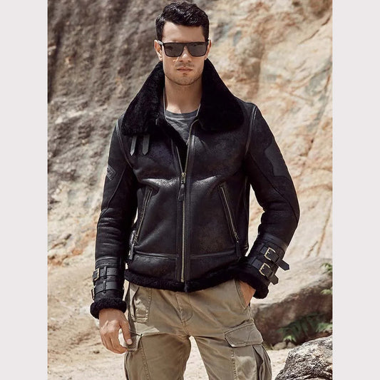 New Men's B3 Black Leather Sheepskin Shearling Bomber Jacket