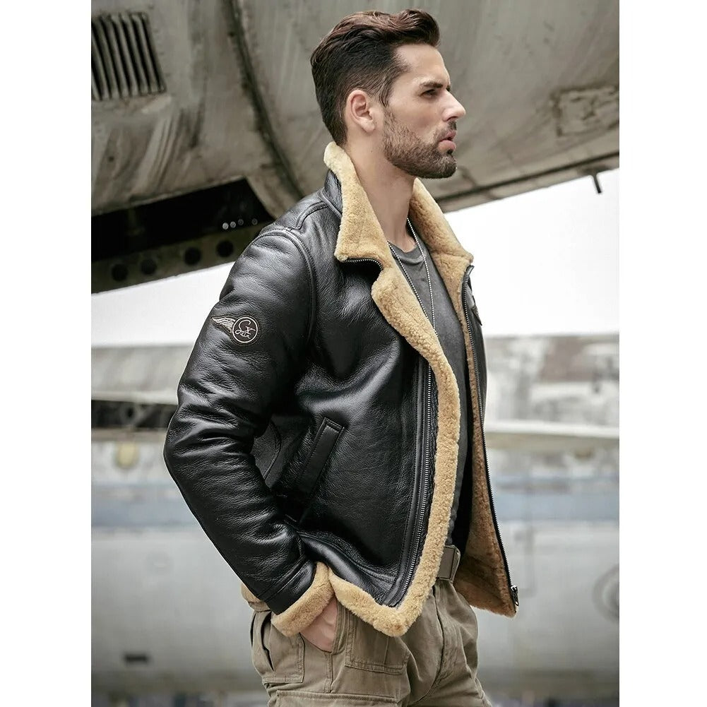 Black B3 Shearling Motorcycle Jacket - Sheepskin Fur Coat