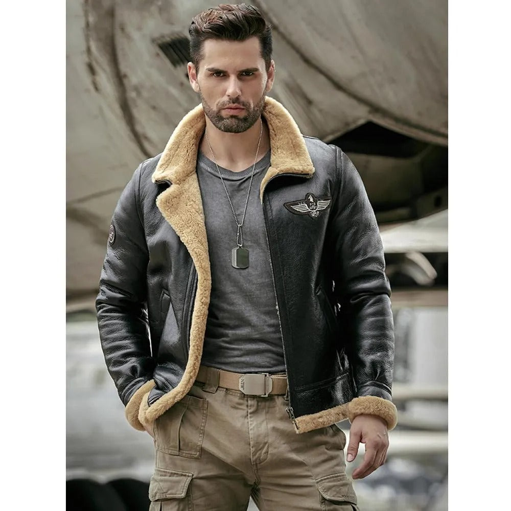 Black B3 Shearling Motorcycle Jacket - Sheepskin Fur Coat
