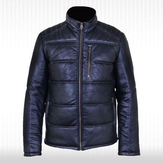 New Men's Black Genuine Leather Puffer Quilted Bomber Funnel Jacket New Men's Black Leather Puffer Quilted Bomber Jacket