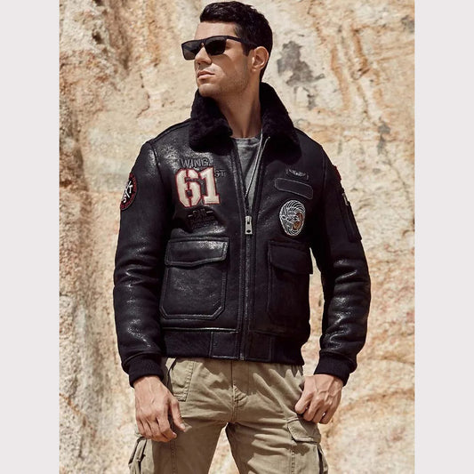 New Men's Black Sheepskin Shearling Flight Jacket