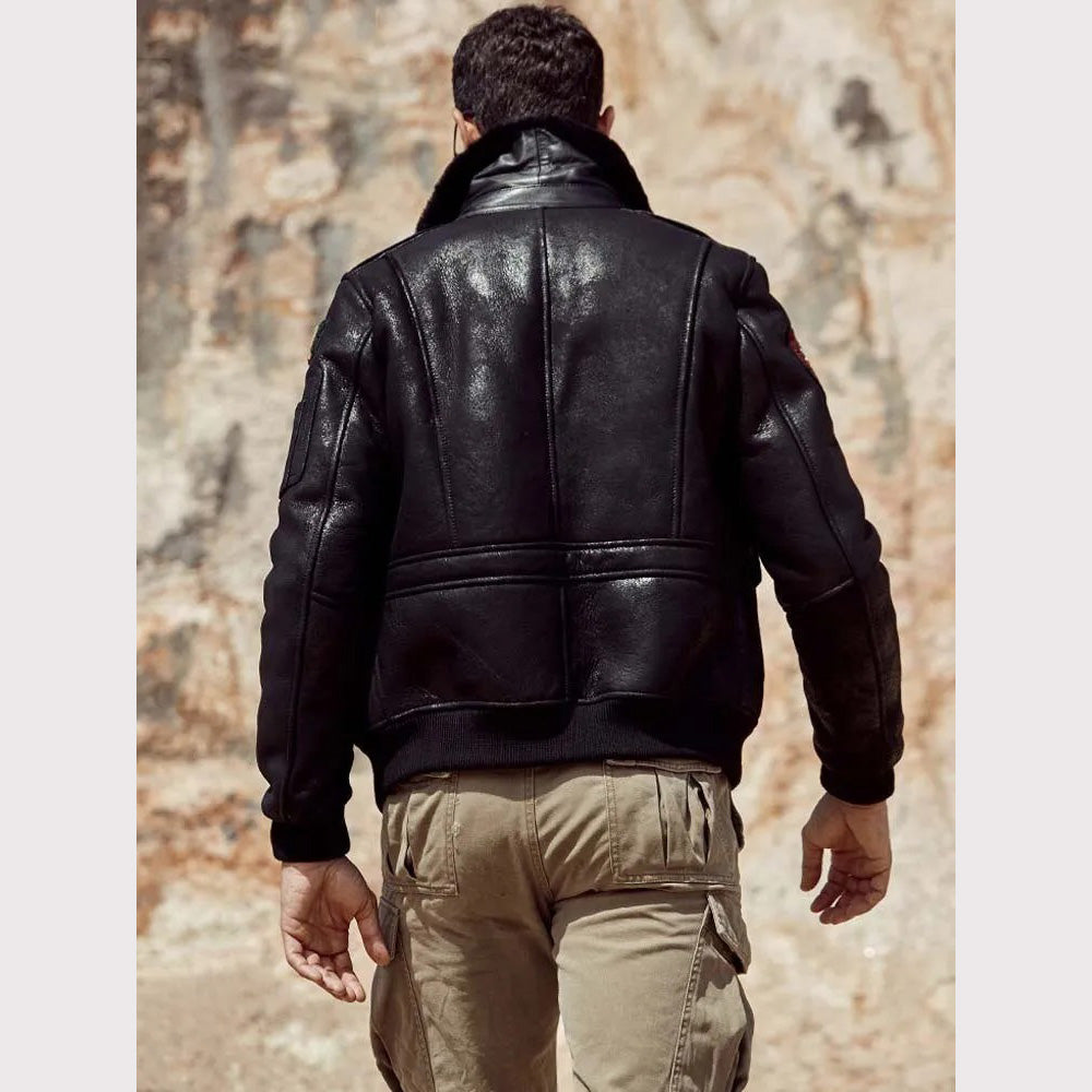 New Men's Black Sheepskin Shearling Flight Jacket