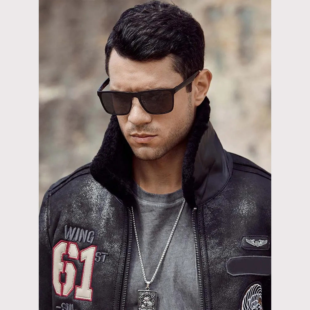 New Men's Black Sheepskin Shearling Flight Jacket