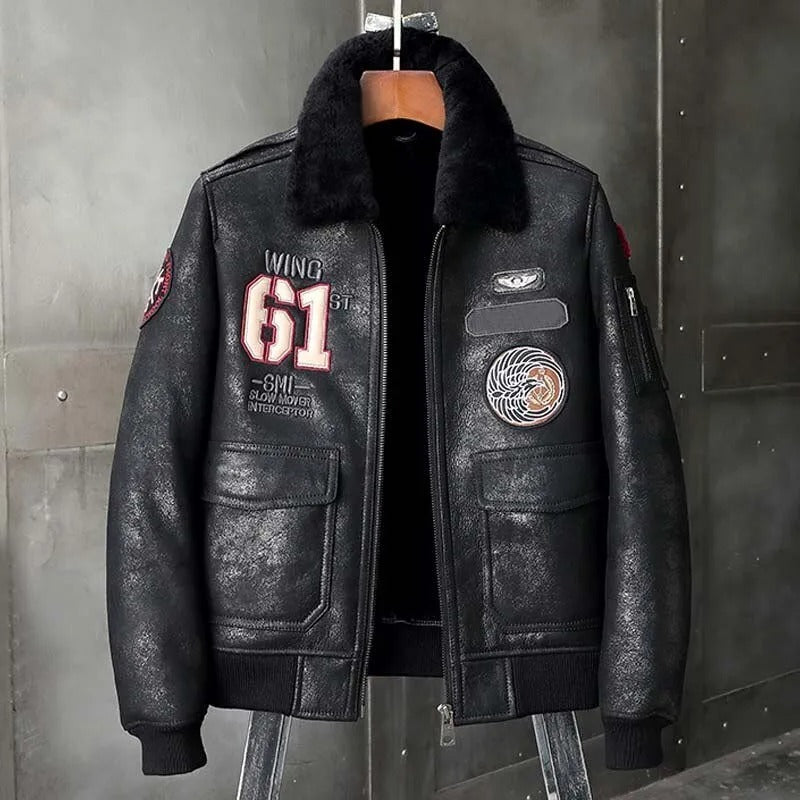 New Men's Black Sheepskin Shearling Flight Jacket
