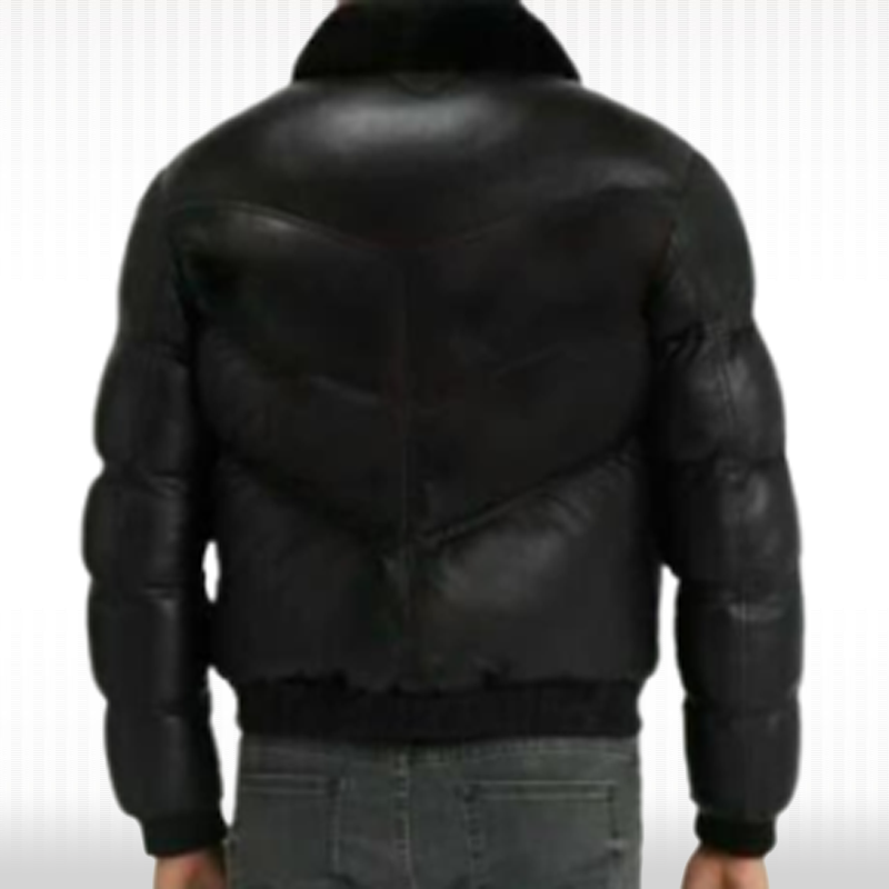 New Men's Genuine Lamb Skin Leather Puffer Jacket with Fur Collar
