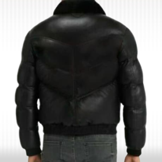 New Men's Genuine Lamb Skin Leather Puffer Jacket with Fur Collar