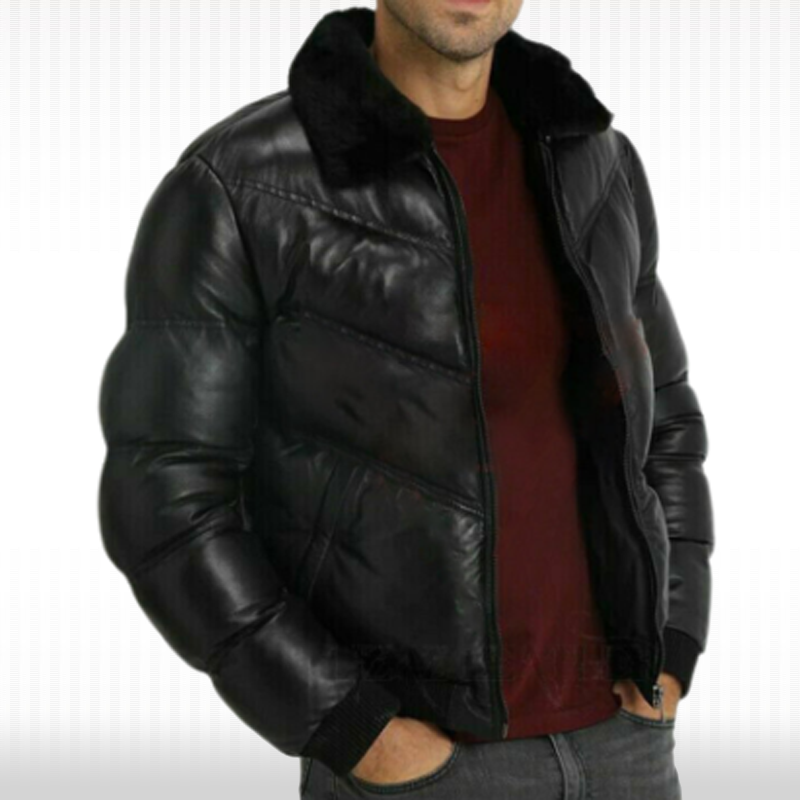 New Men's Genuine Lamb Skin Leather Puffer Jacket with Fur Collar