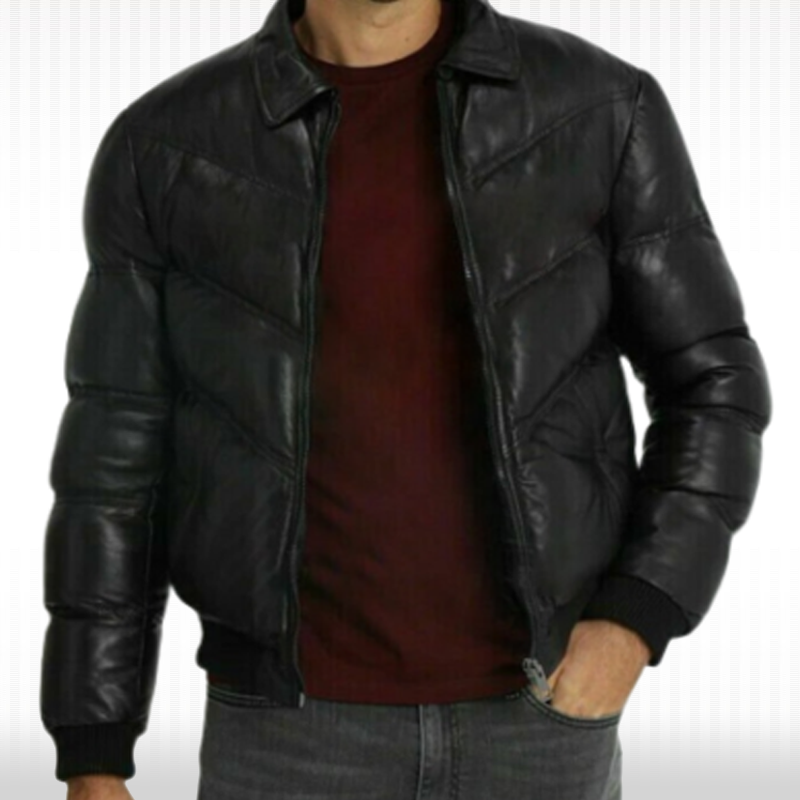 New Men's Genuine Lamb Skin Leather Puffer Jacket with Fur Collar