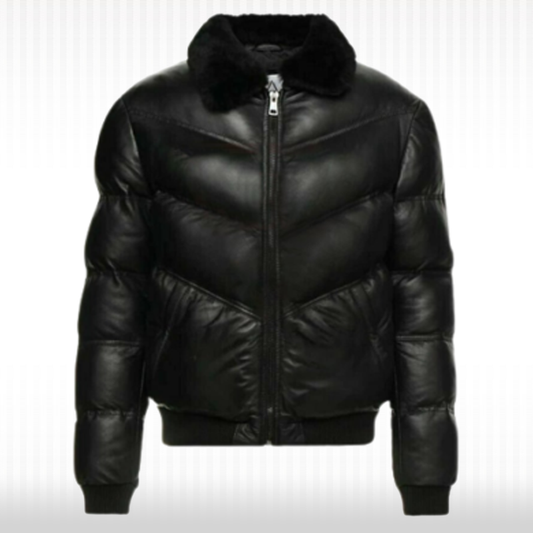 New Men's Genuine Lamb Skin Leather Puffer Jacket with Fur Collar New Men's Genuine Lamb Skin Leather Puffer Jacket with Fur Collar