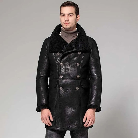 New Men's Long Black B3 Shearling Bomber Jacket - Fur Coat