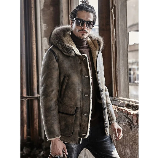 Hooded Sheepskin Shearling Coat with Raccoon Fur Collar