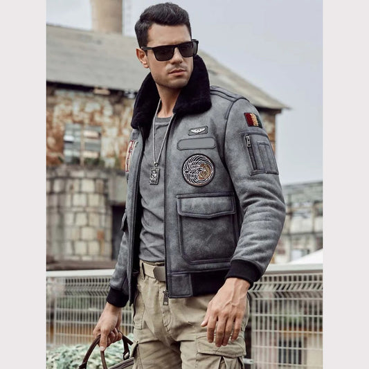 New Men's Short Grey Shearling Jacket - Best Sheepskin Coat