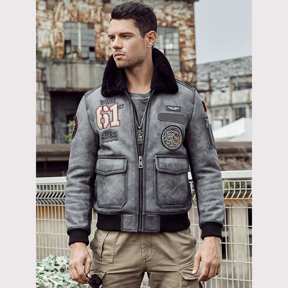 New Men's Short Grey Shearling Jacket Sheepskin Coat
