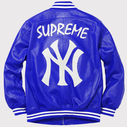 NY Yankees Letterman Varsity Leather Jacket - Blue with Logo Patches