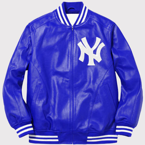 NY Yankees Letterman Varsity Leather Jacket - Blue with Logo Patches NY Yankees Letterman Varsity Leather Jacket - Blue with Logo Patches