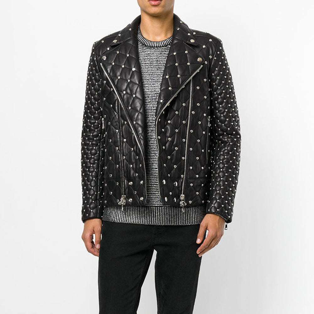 Customized Silver Studded Fashion Leather Jacket Men