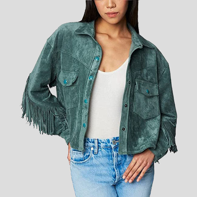 Olive Suede Leather Fringe Shirt Jacket for Women