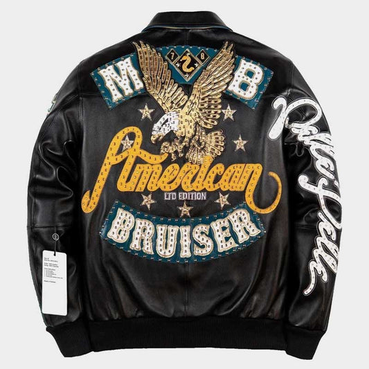 Pelle Pelle American Bruiser Black Leather Jacket Mens Embroidered