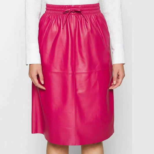 Pink Women’s Midi Leather Skirt - Perfect for Ladies’ Fashion Pink Women’s Midi Leather Skirt