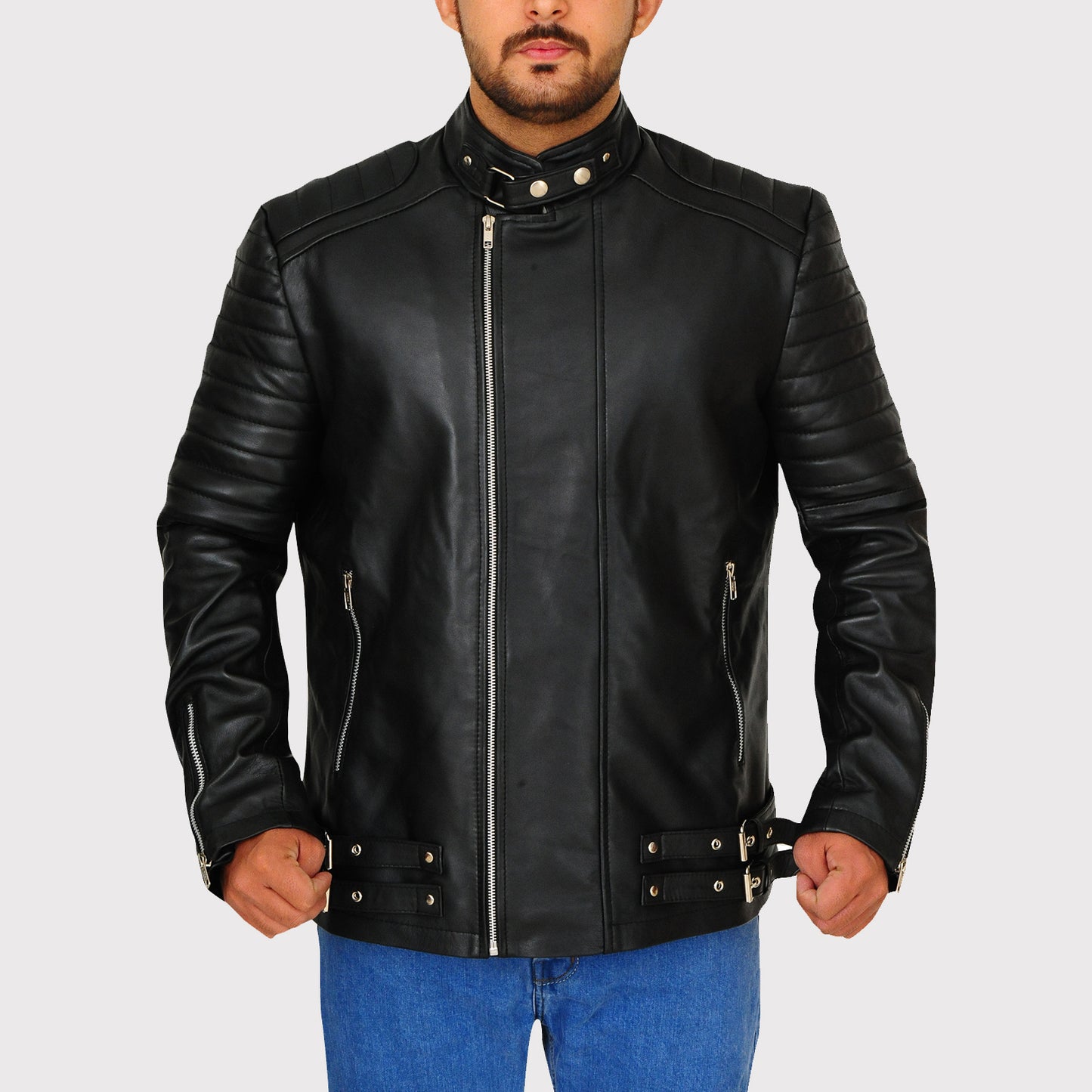 Pitch Black Snap Tab Leather Jacket - Stylish Outerwear