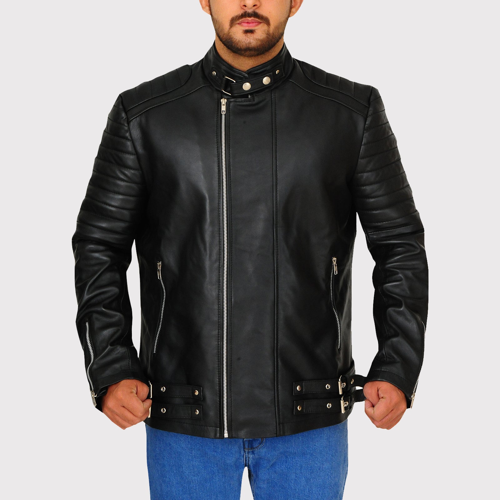 Pitch Black Snap Tab Leather Jacket - Stylish Outerwear