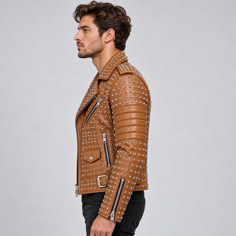 Premium brown motorcycle leather coat with asymmetrical zipper and stud details by Jackets Kingdom