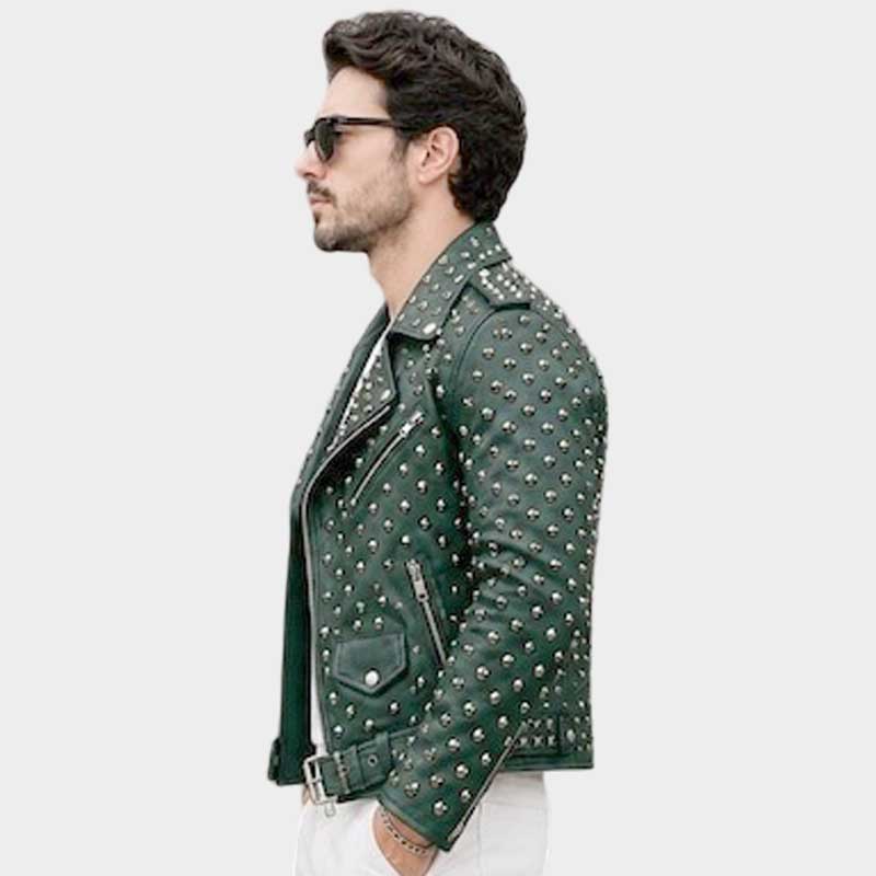 Premium green punk rock leather jacket for men with bold biker inspired details by Jackets Kingdom